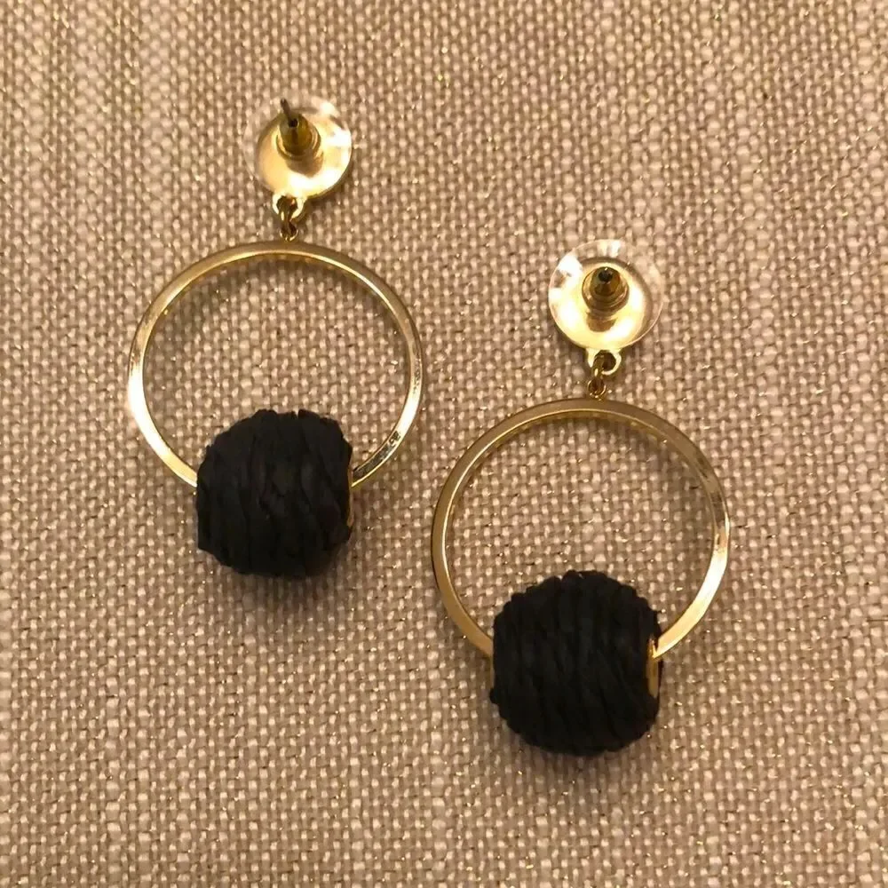Raffia Ball and Hoop Earrings | Black and Gold | 2” Drop